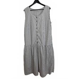 Handmade Striped Grey And White Drop Waist  Dress. Sleeveless and buttons up M/L